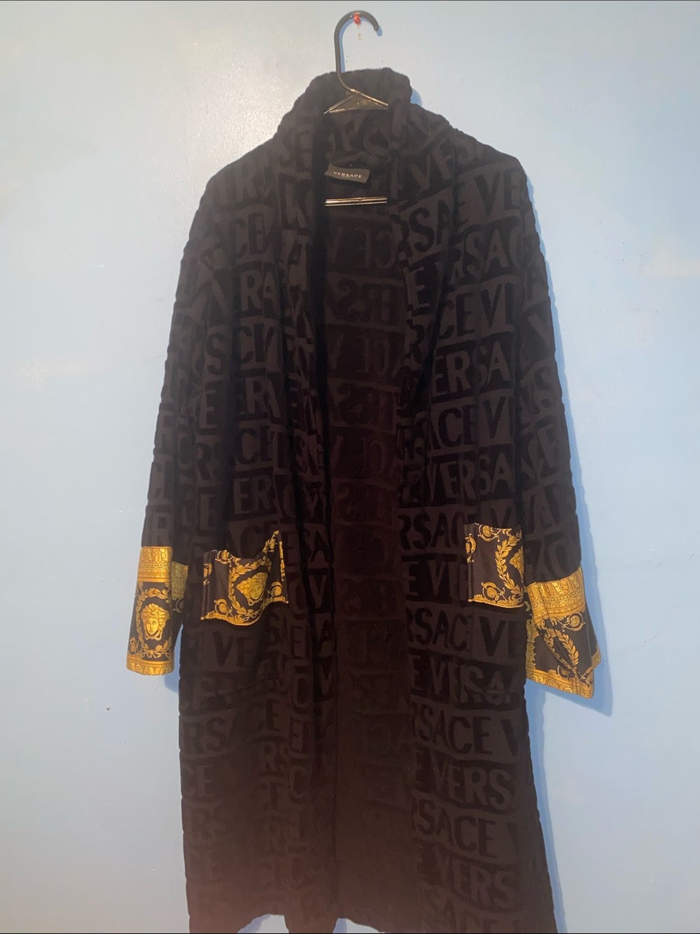 Versace Black Jacquard Logo robe with Gold Baroque Trim